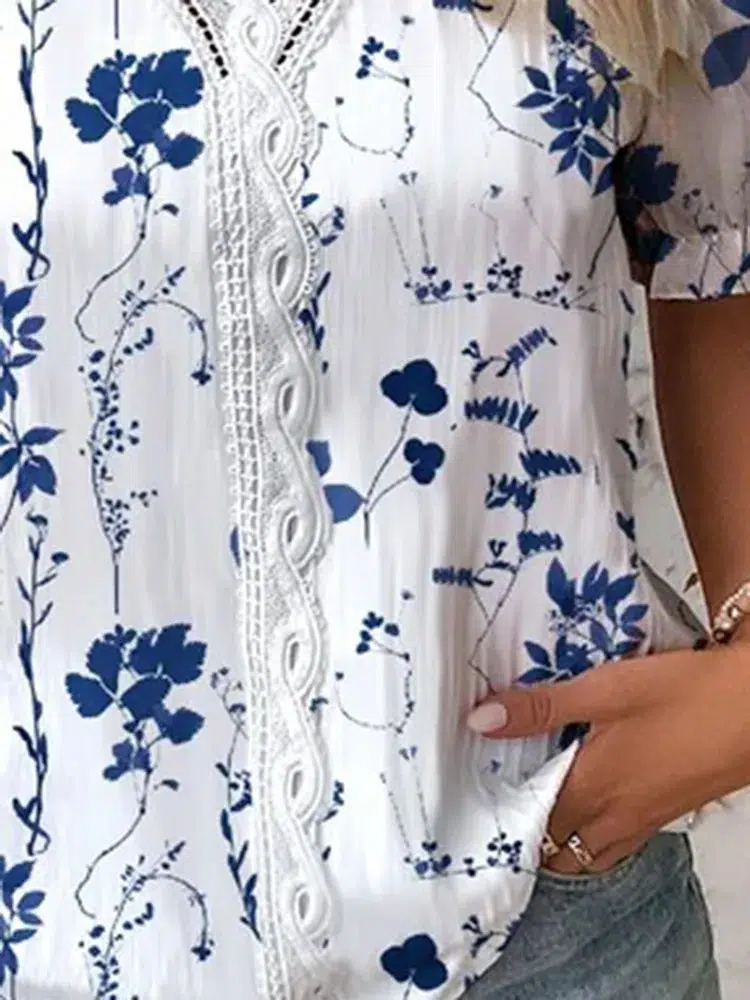 Blouse Bleue à Fleurs Femme Blouse Bleue à Fleurs Femme – Image 2