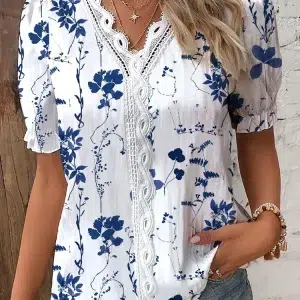 Blouse Bleue à Fleurs Femme