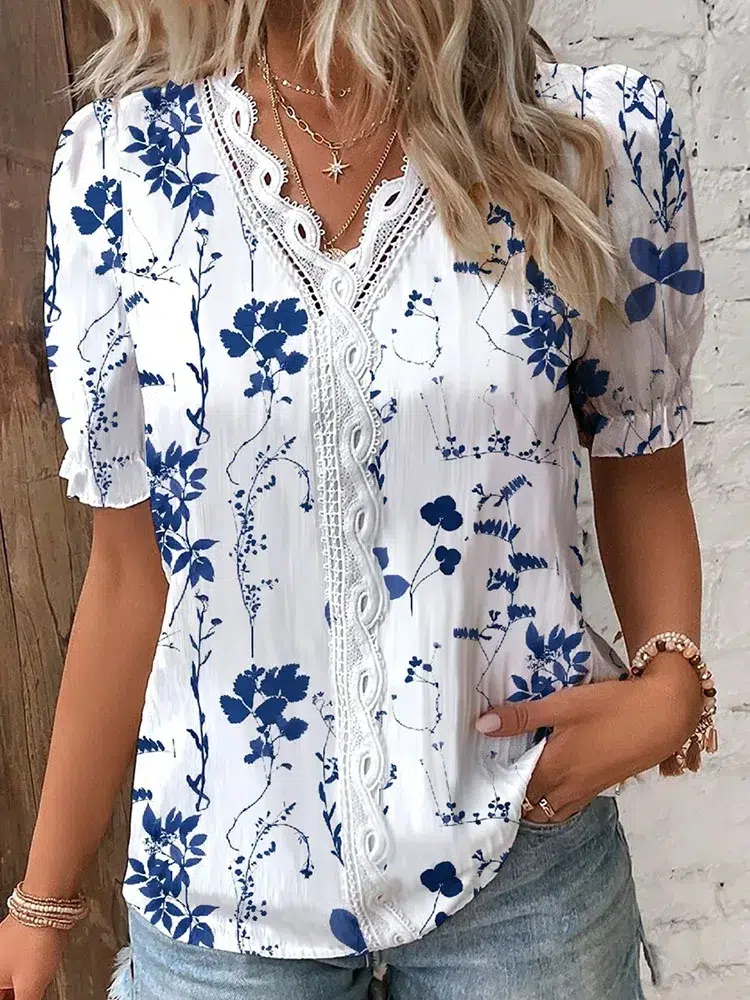 Blouse Bleue à Fleurs Femme Blouse Bleue à Fleurs Femme